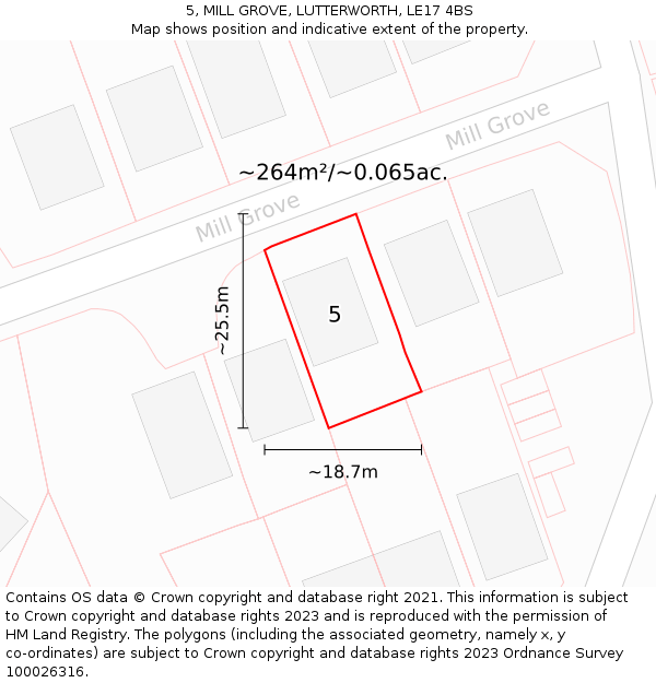 5, MILL GROVE, LUTTERWORTH, LE17 4BS: Plot and title map