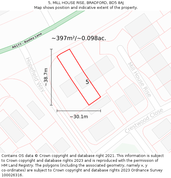 5, MILL HOUSE RISE, BRADFORD, BD5 8AJ: Plot and title map