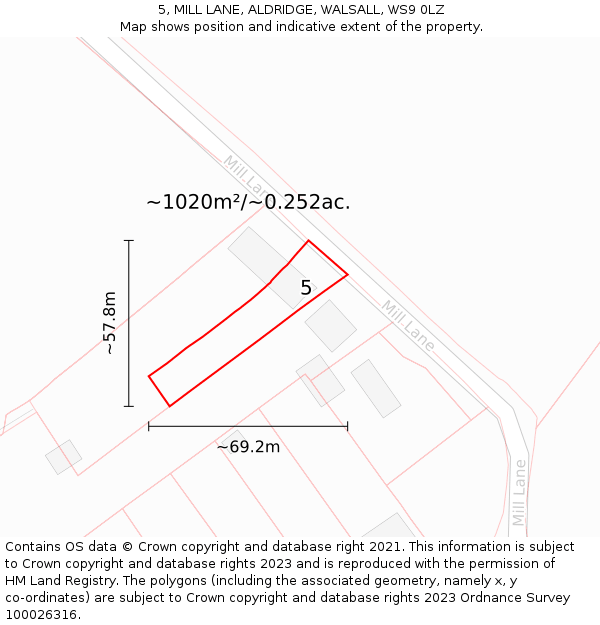5, MILL LANE, ALDRIDGE, WALSALL, WS9 0LZ: Plot and title map