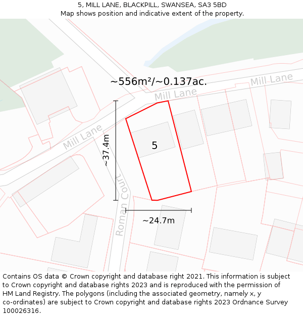 5, MILL LANE, BLACKPILL, SWANSEA, SA3 5BD: Plot and title map