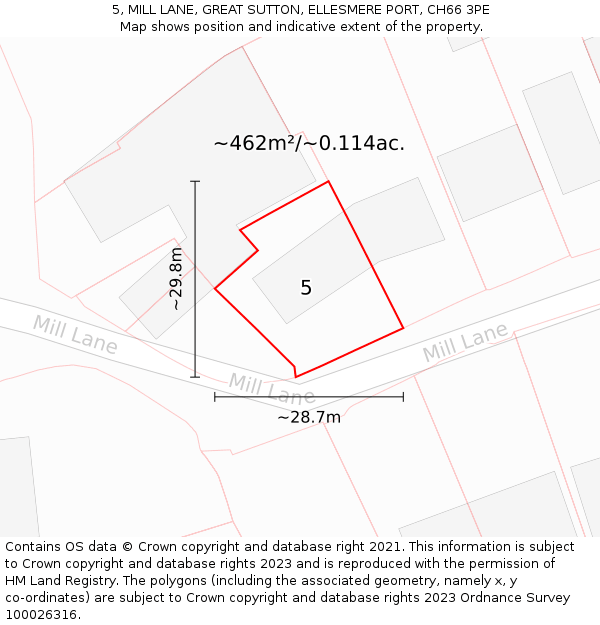 5, MILL LANE, GREAT SUTTON, ELLESMERE PORT, CH66 3PE: Plot and title map