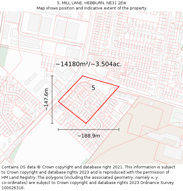 5, MILL LANE, HEBBURN, NE31 2EW: Plot and title map