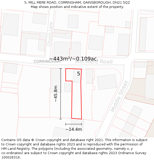 5, MILL MERE ROAD, CORRINGHAM, GAINSBOROUGH, DN21 5QZ: Plot and title map