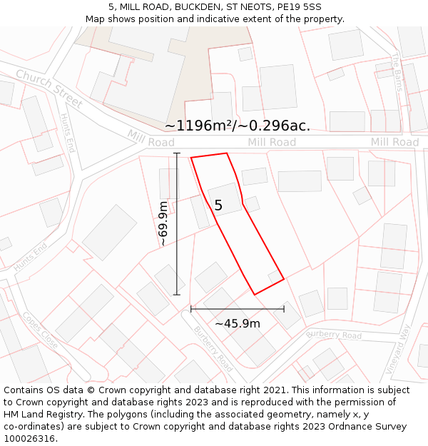 5, MILL ROAD, BUCKDEN, ST NEOTS, PE19 5SS: Plot and title map
