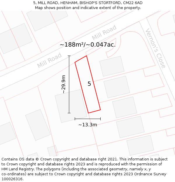 5, MILL ROAD, HENHAM, BISHOP'S STORTFORD, CM22 6AD: Plot and title map