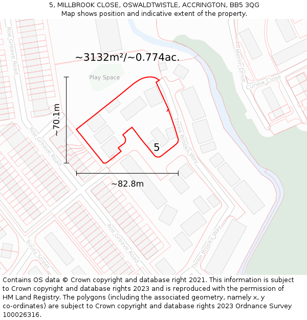 5, MILLBROOK CLOSE, OSWALDTWISTLE, ACCRINGTON, BB5 3QG: Plot and title map