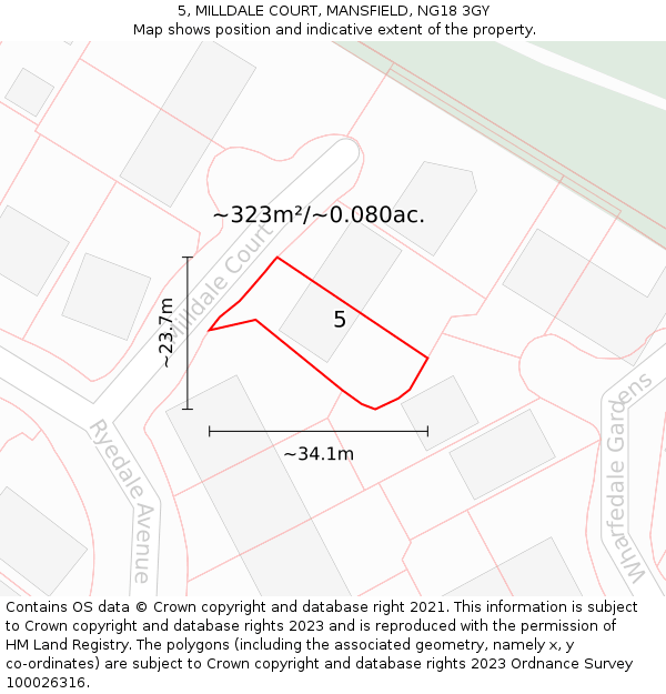 5, MILLDALE COURT, MANSFIELD, NG18 3GY: Plot and title map