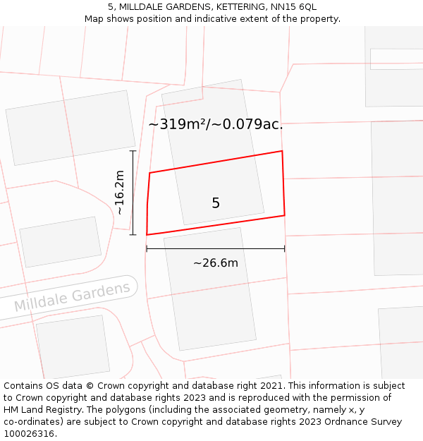 5, MILLDALE GARDENS, KETTERING, NN15 6QL: Plot and title map