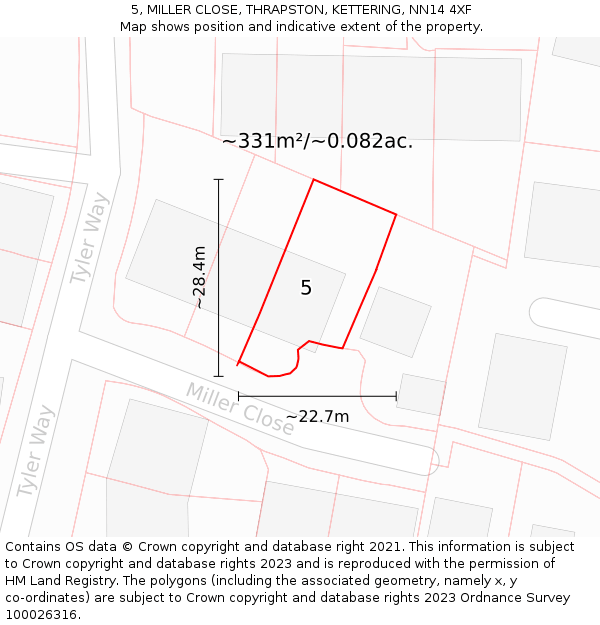 5, MILLER CLOSE, THRAPSTON, KETTERING, NN14 4XF: Plot and title map