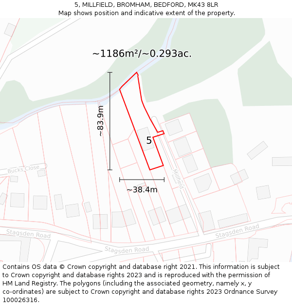 5, MILLFIELD, BROMHAM, BEDFORD, MK43 8LR: Plot and title map