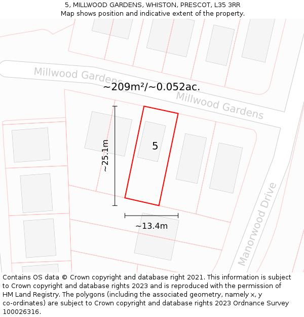5, MILLWOOD GARDENS, WHISTON, PRESCOT, L35 3RR: Plot and title map