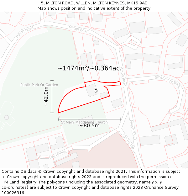 5, MILTON ROAD, WILLEN, MILTON KEYNES, MK15 9AB: Plot and title map