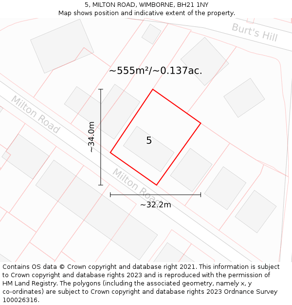 5, MILTON ROAD, WIMBORNE, BH21 1NY: Plot and title map