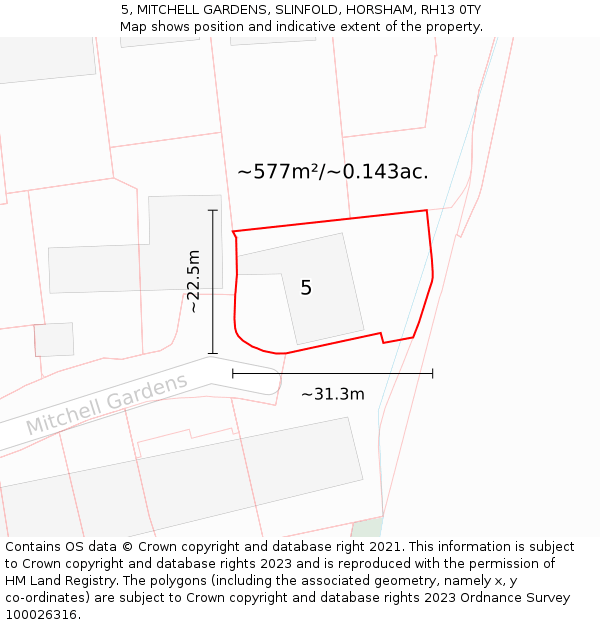 5, MITCHELL GARDENS, SLINFOLD, HORSHAM, RH13 0TY: Plot and title map
