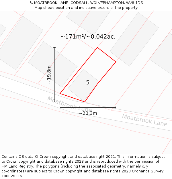 5, MOATBROOK LANE, CODSALL, WOLVERHAMPTON, WV8 1DS: Plot and title map