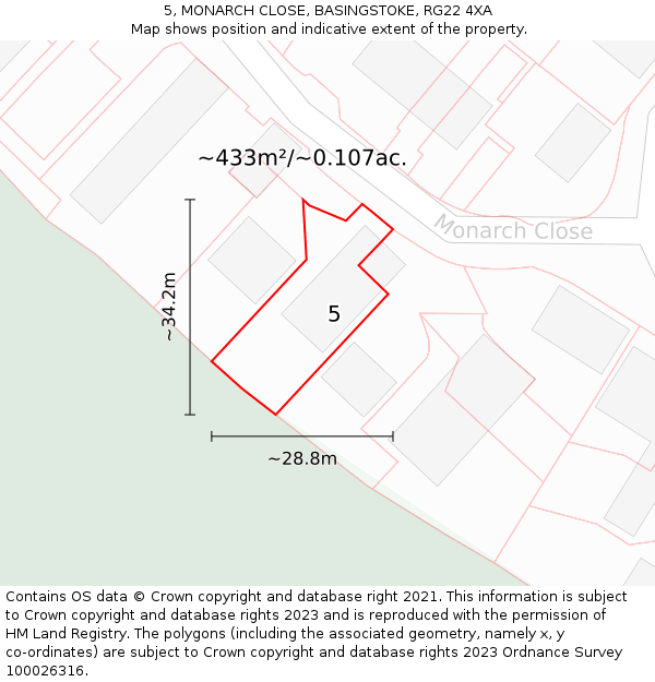 5, MONARCH CLOSE, BASINGSTOKE, RG22 4XA: Plot and title map