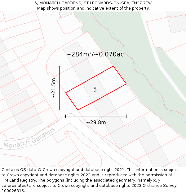 5, MONARCH GARDENS, ST LEONARDS-ON-SEA, TN37 7EW: Plot and title map