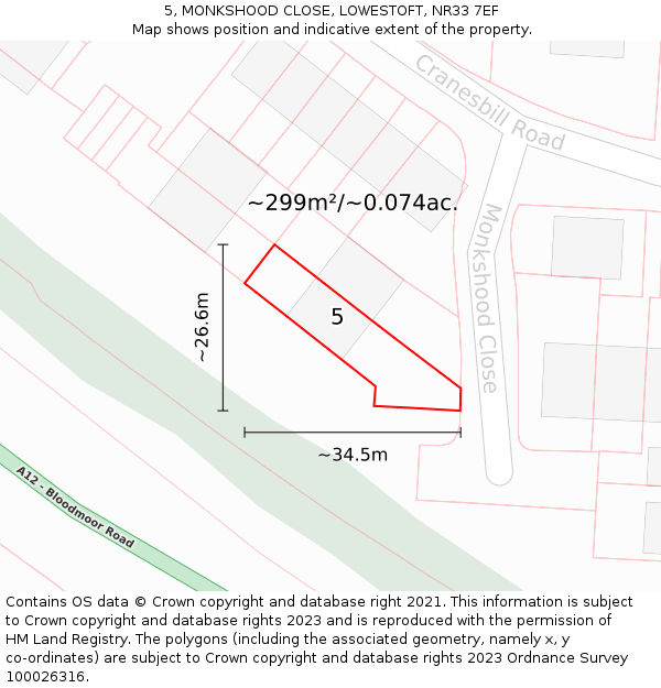 5, MONKSHOOD CLOSE, LOWESTOFT, NR33 7EF: Plot and title map