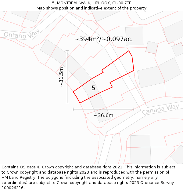 5, MONTREAL WALK, LIPHOOK, GU30 7TE: Plot and title map