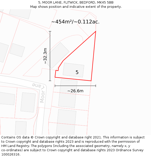 5, MOOR LANE, FLITWICK, BEDFORD, MK45 5BB: Plot and title map