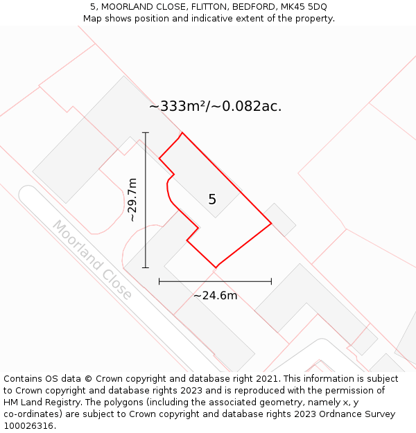 5, MOORLAND CLOSE, FLITTON, BEDFORD, MK45 5DQ: Plot and title map