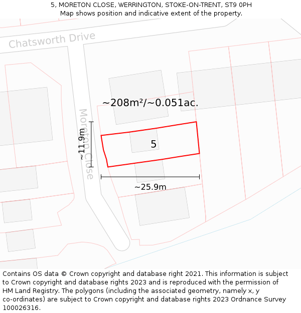 5, MORETON CLOSE, WERRINGTON, STOKE-ON-TRENT, ST9 0PH: Plot and title map