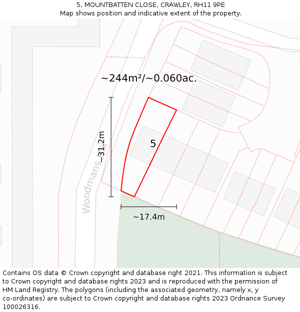 5, MOUNTBATTEN CLOSE, CRAWLEY, RH11 9PE: Plot and title map