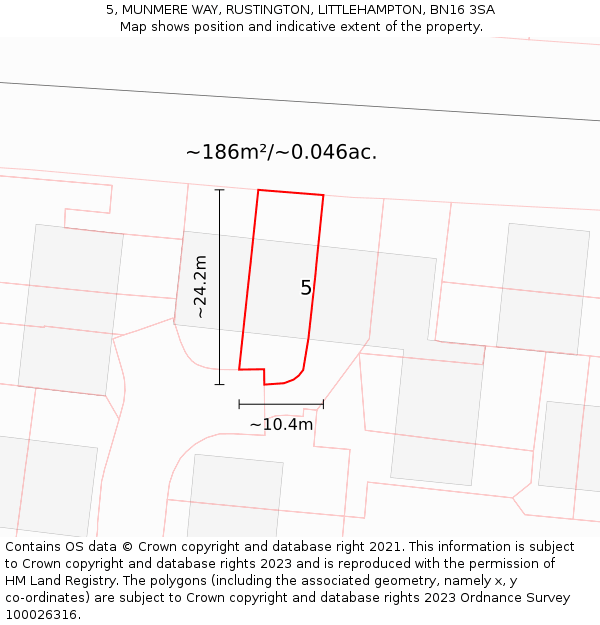 5, MUNMERE WAY, RUSTINGTON, LITTLEHAMPTON, BN16 3SA: Plot and title map
