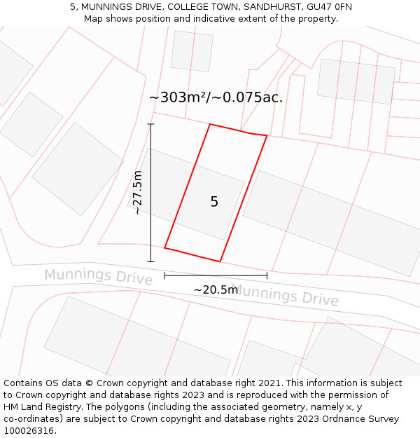 5, MUNNINGS DRIVE, COLLEGE TOWN, SANDHURST, GU47 0FN: Plot and title map