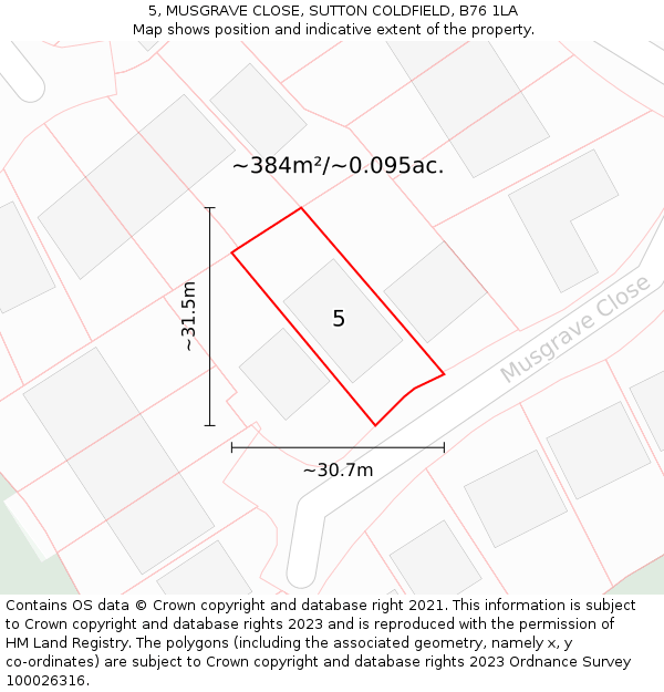 5, MUSGRAVE CLOSE, SUTTON COLDFIELD, B76 1LA: Plot and title map