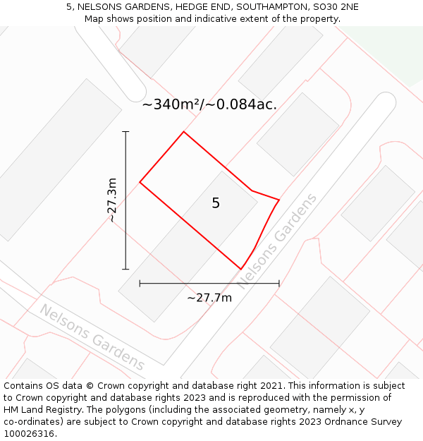 5, NELSONS GARDENS, HEDGE END, SOUTHAMPTON, SO30 2NE: Plot and title map