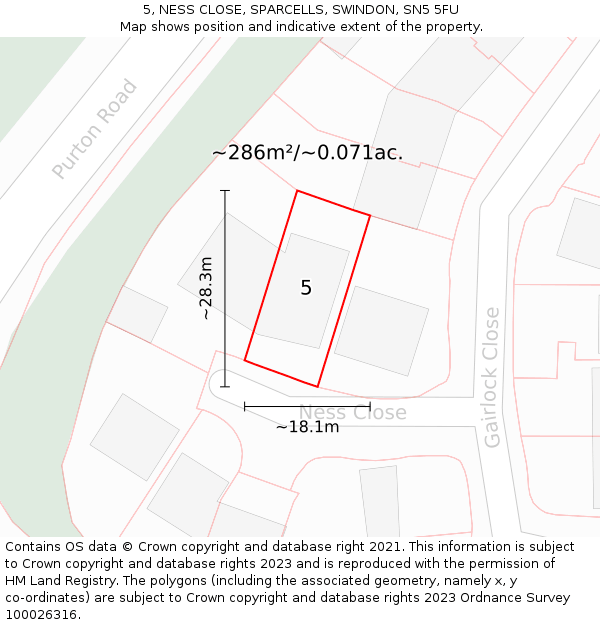5, NESS CLOSE, SPARCELLS, SWINDON, SN5 5FU: Plot and title map