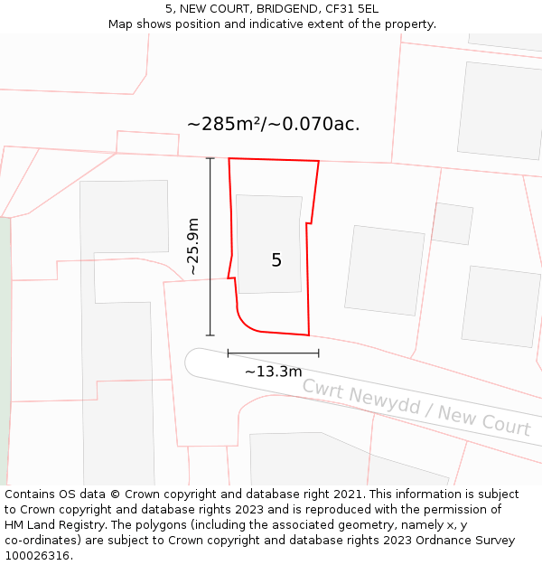 5, NEW COURT, BRIDGEND, CF31 5EL: Plot and title map