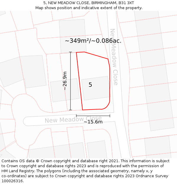 5, NEW MEADOW CLOSE, BIRMINGHAM, B31 3XT: Plot and title map