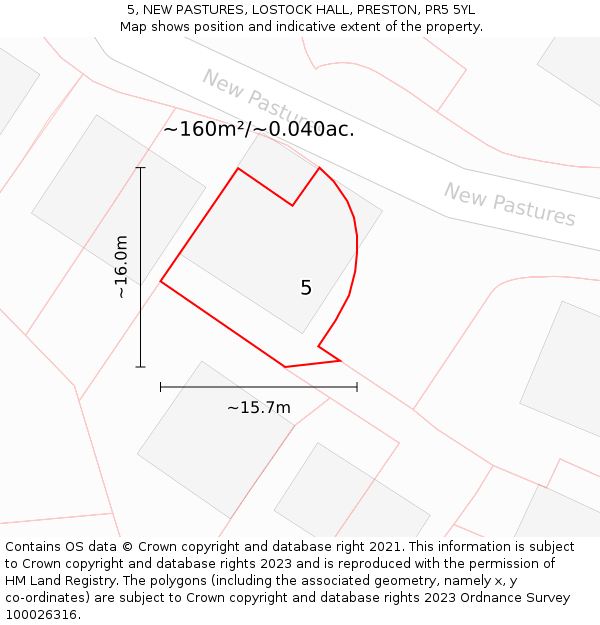 5, NEW PASTURES, LOSTOCK HALL, PRESTON, PR5 5YL: Plot and title map