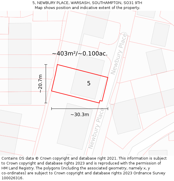5, NEWBURY PLACE, WARSASH, SOUTHAMPTON, SO31 9TH: Plot and title map
