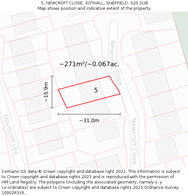 5, NEWCROFT CLOSE, SOTHALL, SHEFFIELD, S20 2UB: Plot and title map