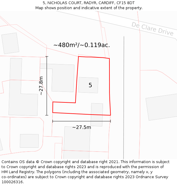 5, NICHOLAS COURT, RADYR, CARDIFF, CF15 8DT: Plot and title map
