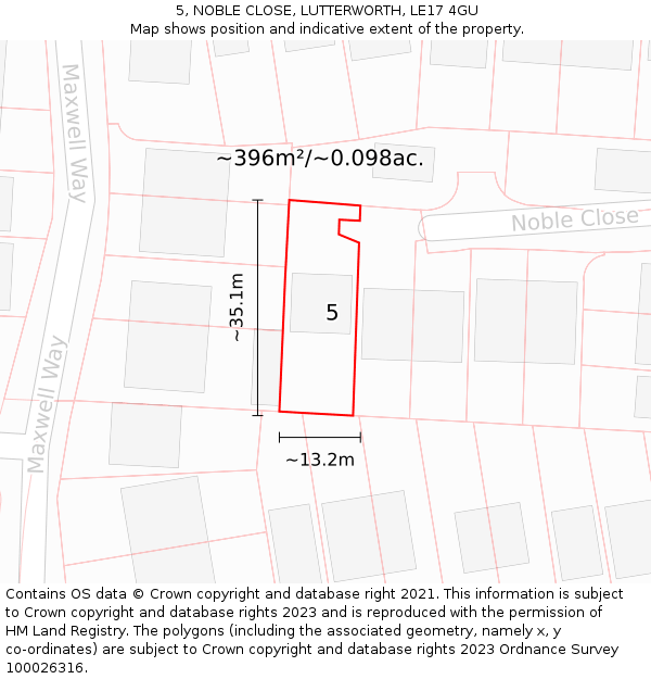 5, NOBLE CLOSE, LUTTERWORTH, LE17 4GU: Plot and title map