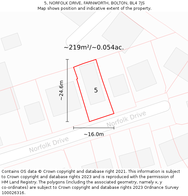 5, NORFOLK DRIVE, FARNWORTH, BOLTON, BL4 7JS: Plot and title map