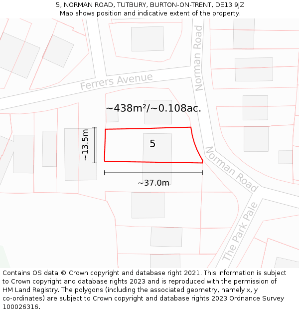 5, NORMAN ROAD, TUTBURY, BURTON-ON-TRENT, DE13 9JZ: Plot and title map
