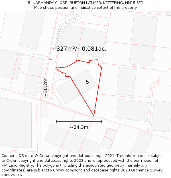5, NORMANDY CLOSE, BURTON LATIMER, KETTERING, NN15 5FD: Plot and title map