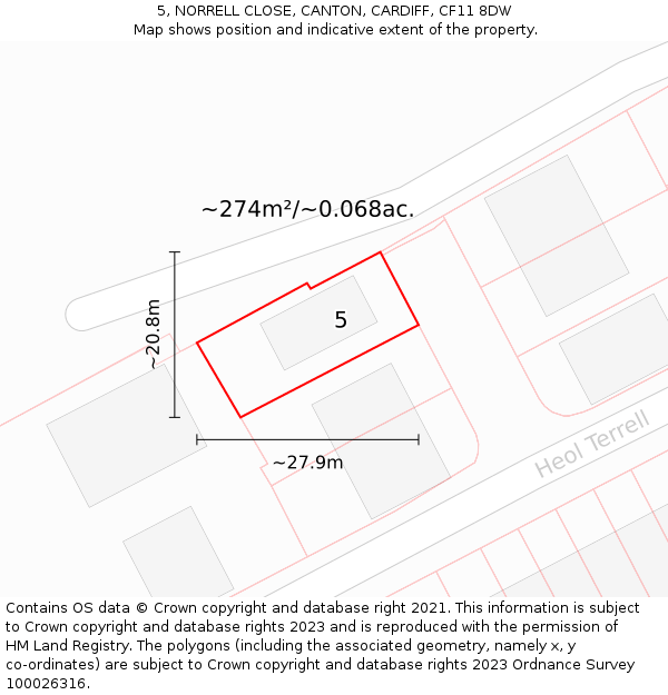 5, NORRELL CLOSE, CANTON, CARDIFF, CF11 8DW: Plot and title map