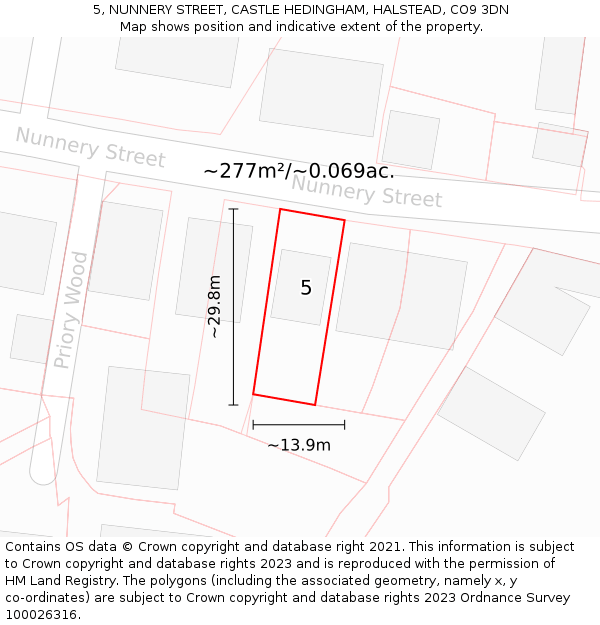 5, NUNNERY STREET, CASTLE HEDINGHAM, HALSTEAD, CO9 3DN: Plot and title map