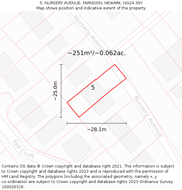 5, NURSERY AVENUE, FARNDON, NEWARK, NG24 3SY: Plot and title map
