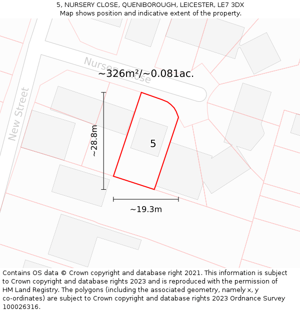 5, NURSERY CLOSE, QUENIBOROUGH, LEICESTER, LE7 3DX: Plot and title map