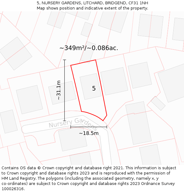 5, NURSERY GARDENS, LITCHARD, BRIDGEND, CF31 1NH: Plot and title map