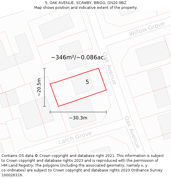 5, OAK AVENUE, SCAWBY, BRIGG, DN20 9BZ: Plot and title map