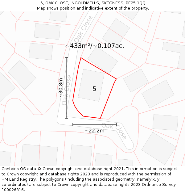 5, OAK CLOSE, INGOLDMELLS, SKEGNESS, PE25 1QQ: Plot and title map