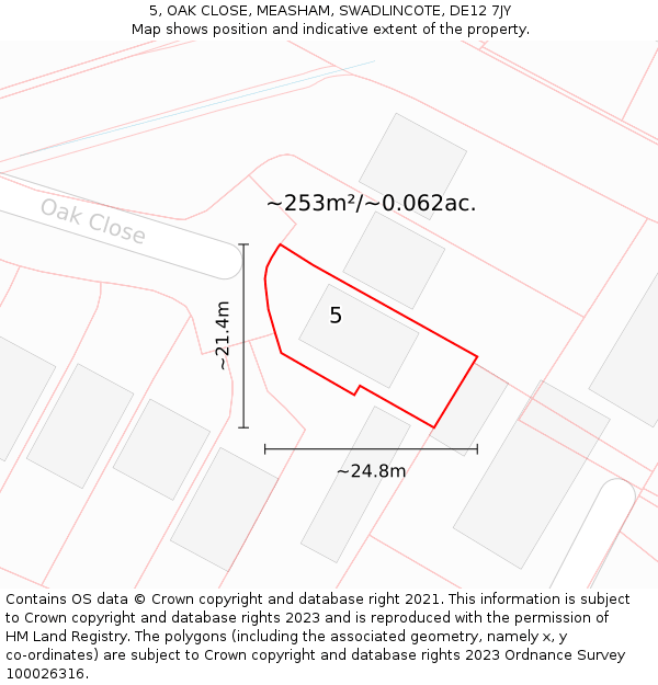 5, OAK CLOSE, MEASHAM, SWADLINCOTE, DE12 7JY: Plot and title map